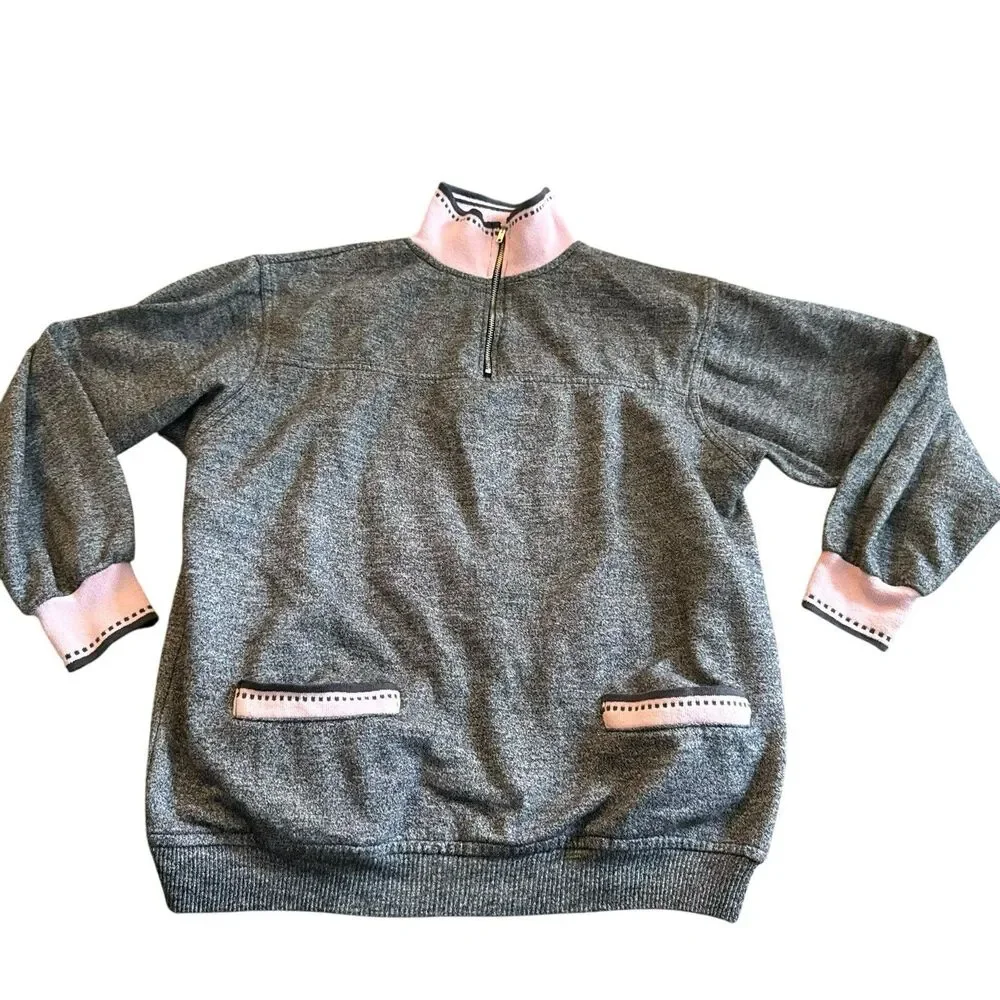 Vintage Gitano‎ Quarter Zip Up Grey And Pink  Pockets Medium